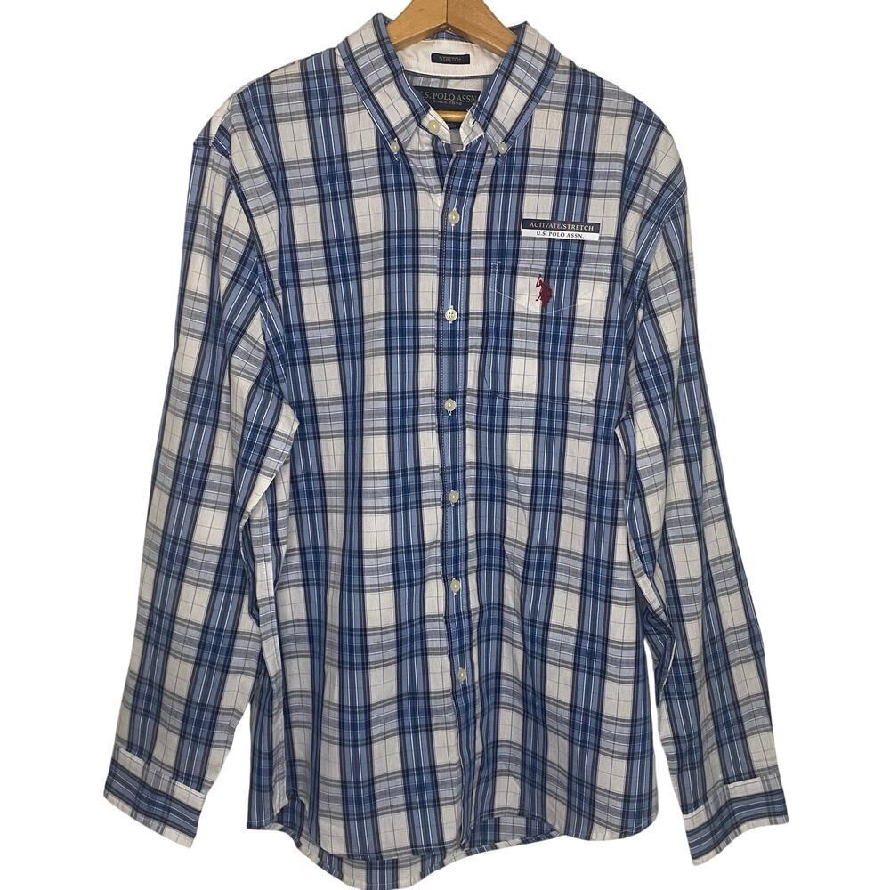 US Polo Assn Mens Blue White Plaid Long Sleeve Stretch Button Up Shirt Large NWT